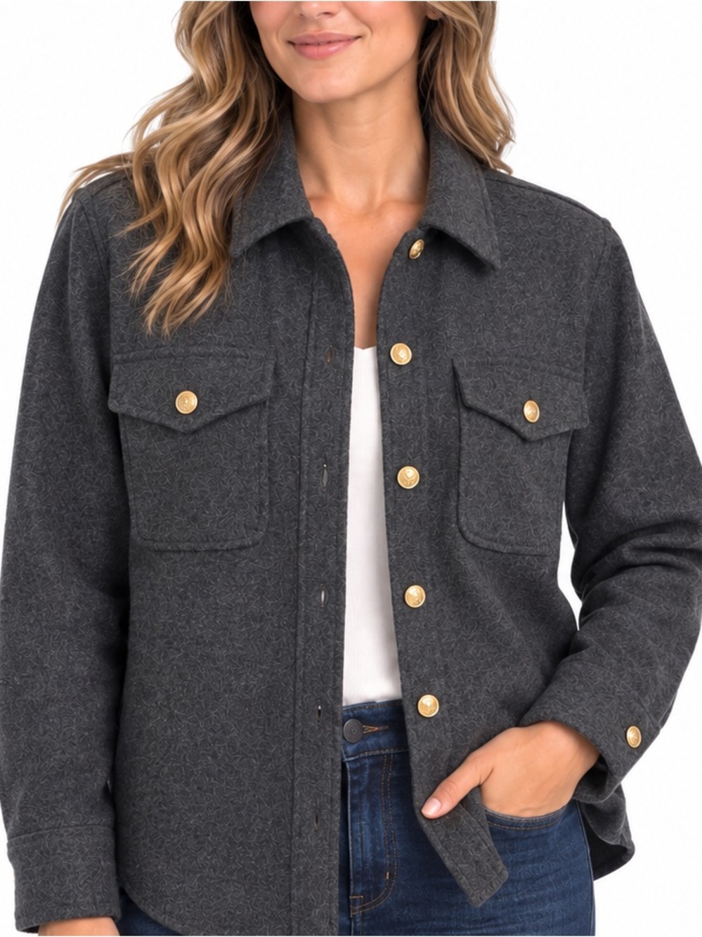 J.Crew Wool Blend Shacket Shirt Jacket Charcoal Gray Gold Buttons XL